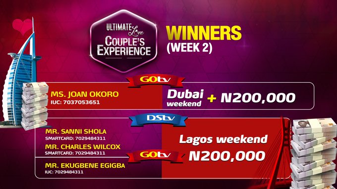 Couples Experience week 2 winners